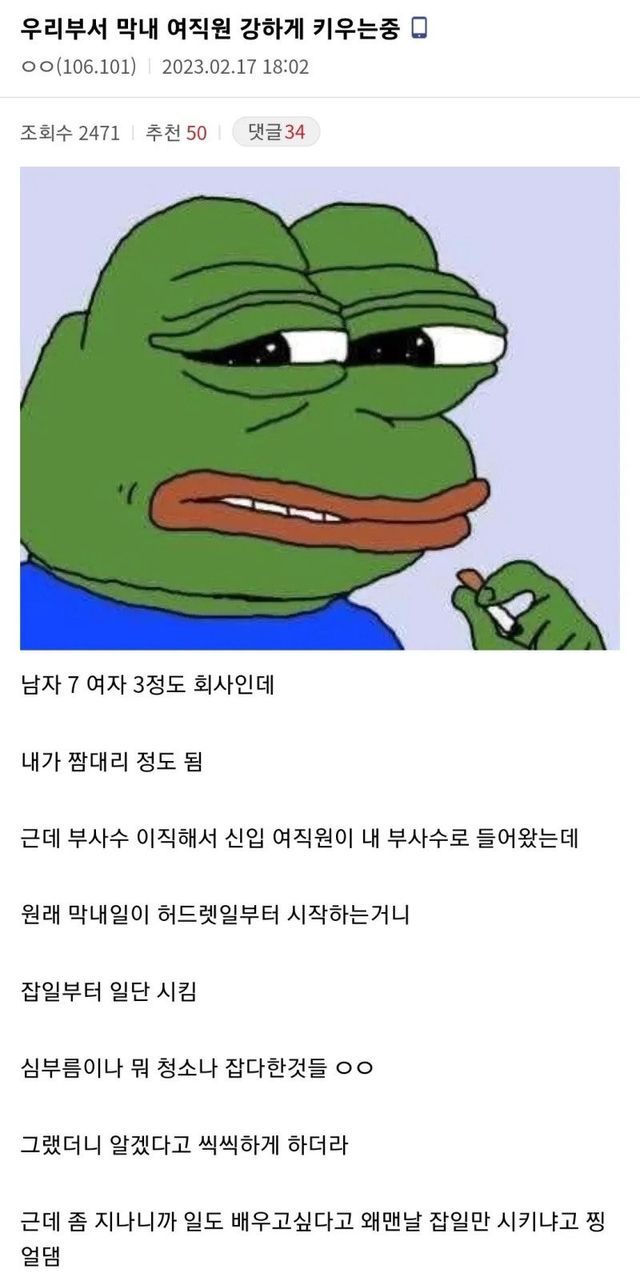 막내 여직원을 강하게 키우는 디시인ㄷㄷ