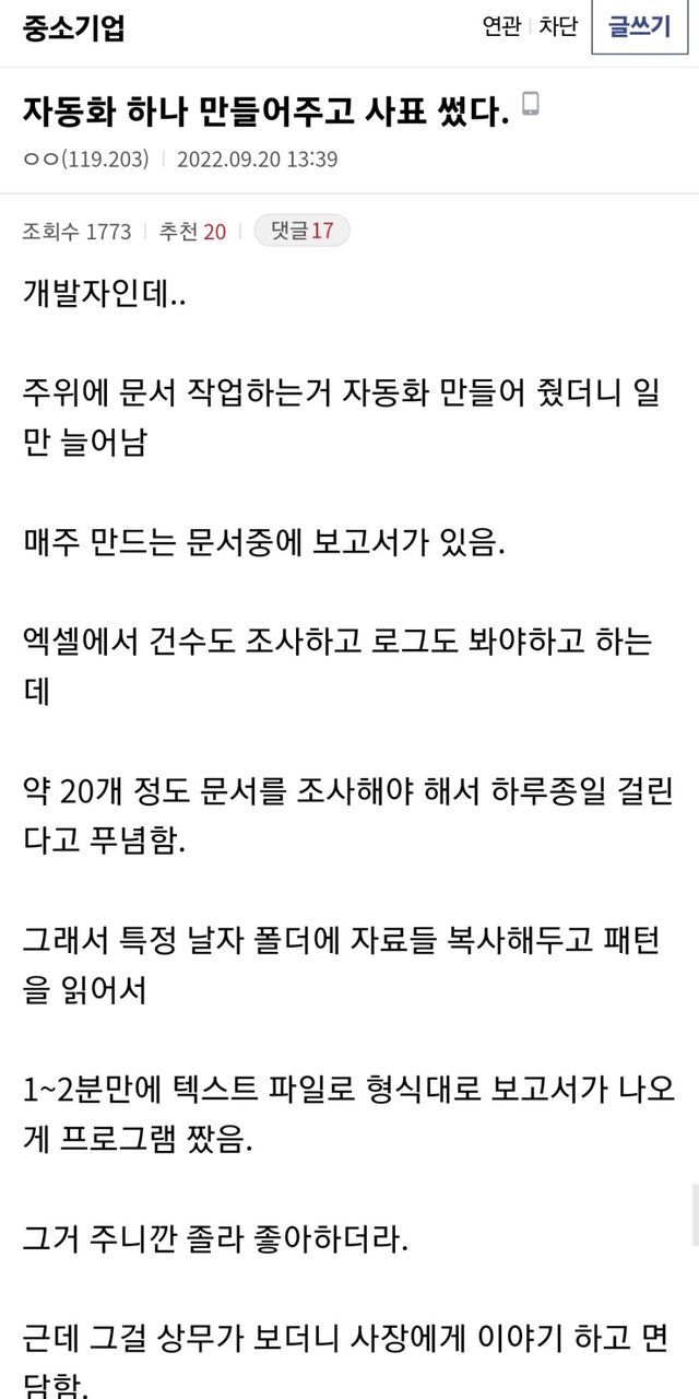 자동화 하나 만들어주고 사표 쓴 중소기업 개발자 후기